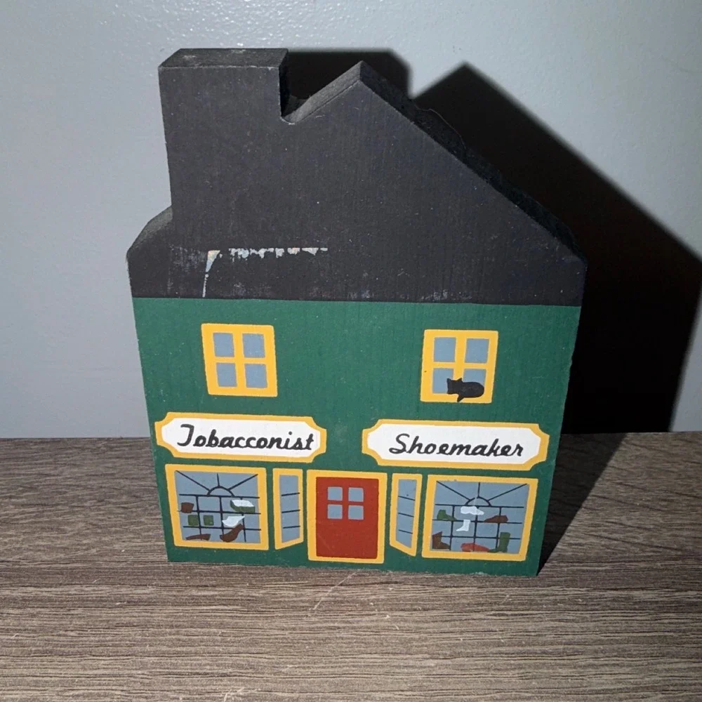 Vintage The Cats Meow Village Tobacconist Shoemaker Wood Block Shelf Sitter 1984